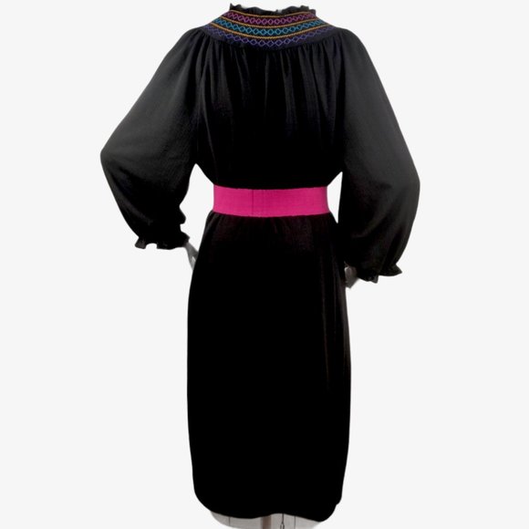 Vintage 1970s 80s Black Mexican Folk Dress Rainbow Smocking Cotton Gauze BOHO Br - Picture 11 of 16